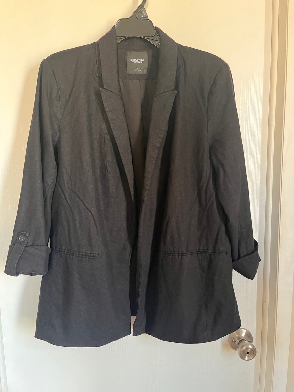 Simply Vera Vera Wang Women's Black Open Front Roll Tab Sleeve Blazer Jacket L
